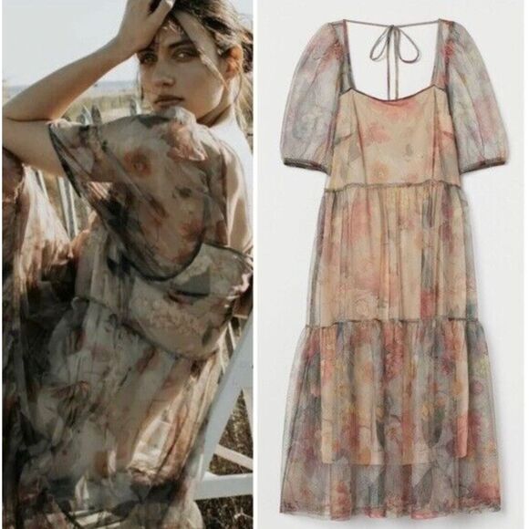 H&M Dresses & Skirts - H&M Floral Puff Sleeve Organza Midi Dress Blogger Favorite Size S